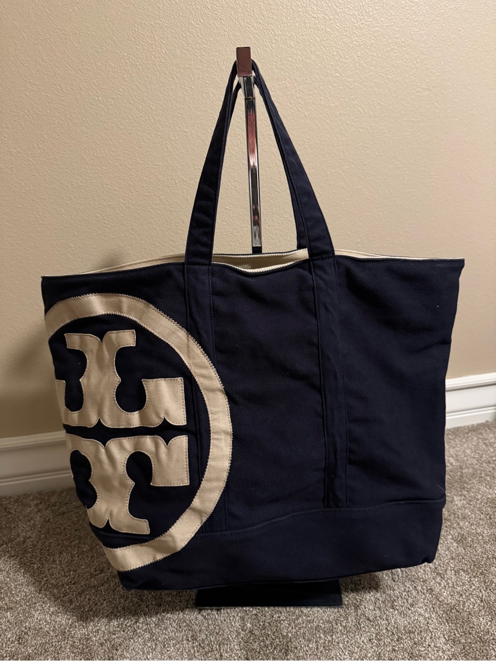 Tory Burch Navy and Cream Logo Canvas Tote